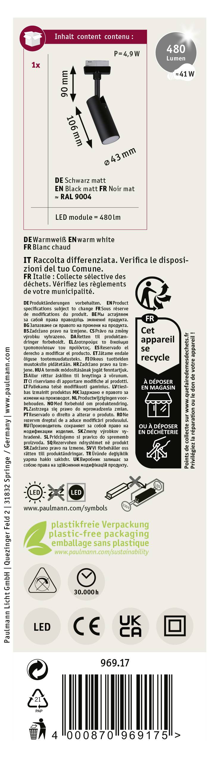 Paulmann Hochvolt-Schienensystem-Leuchte URail LED fest eingebaut 4.5W LED Schwarz (matt)