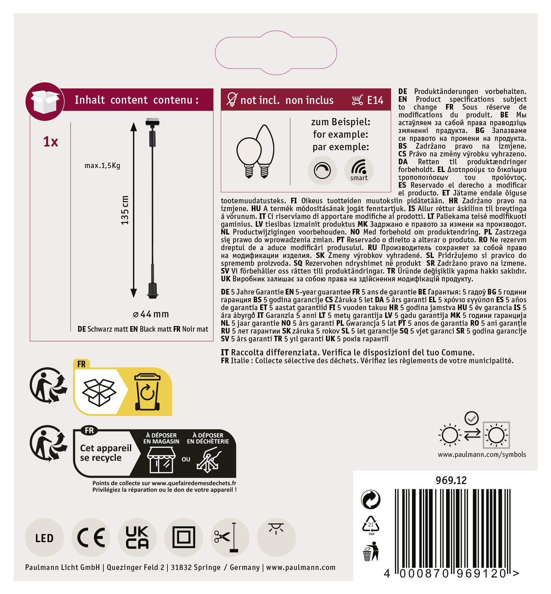 Paulmann Hochvolt-Schienensystem-Leuchte URail E14 Schwarz (matt)