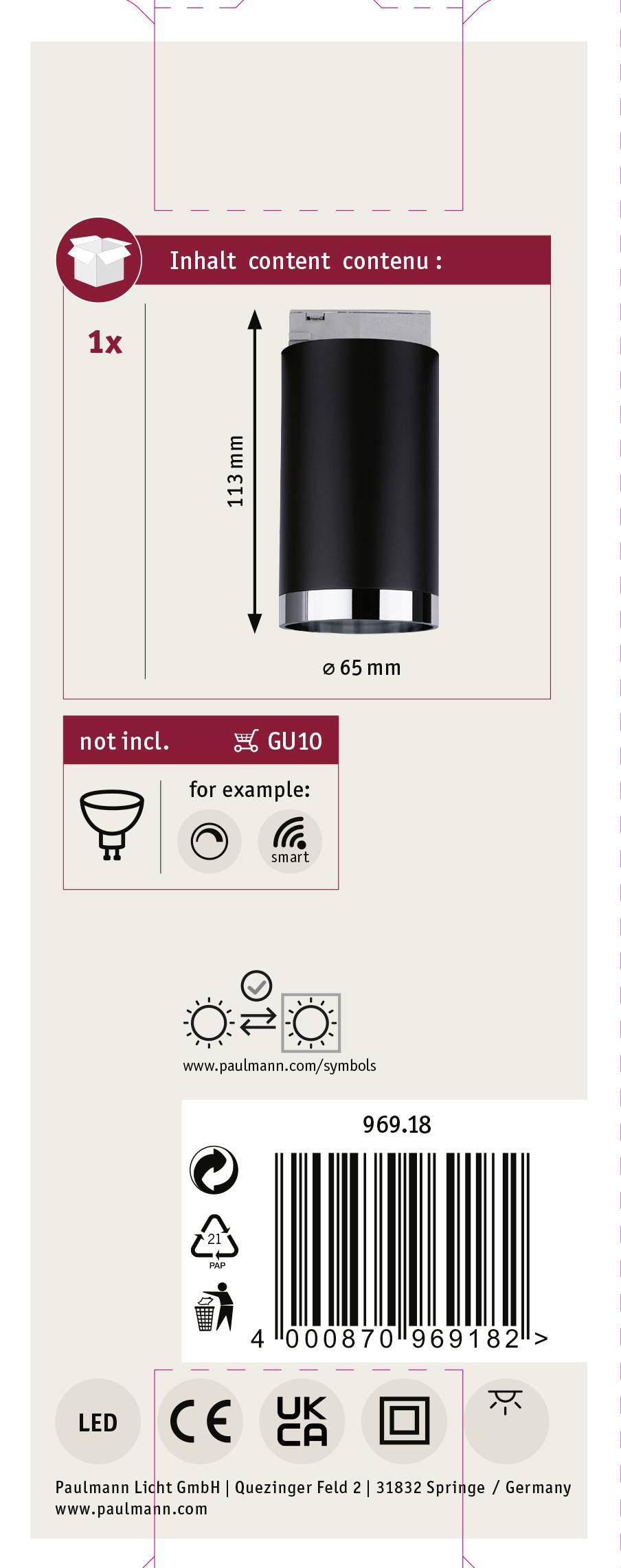 Paulmann Hochvolt-Schienensystem-Leuchte URail GU10 Schwarz (matt), Chrom