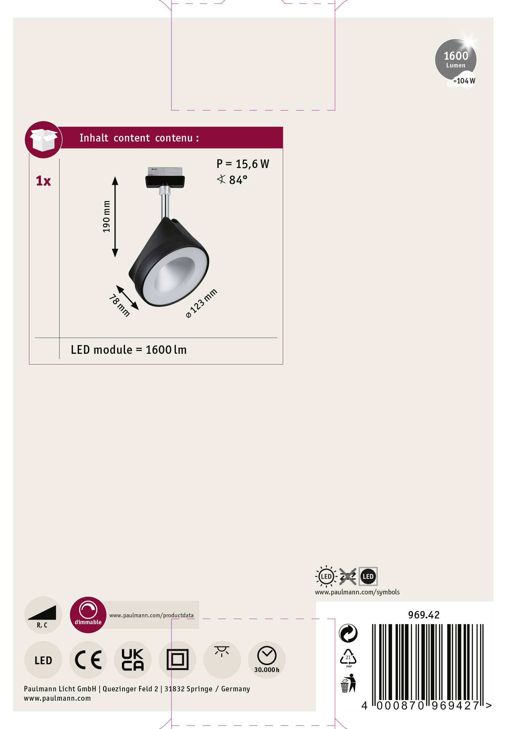 Paulmann Hochvolt-Schienensystem-Leuchte URail LED fest eingebaut 14W LED Schwarz (matt), Chrom