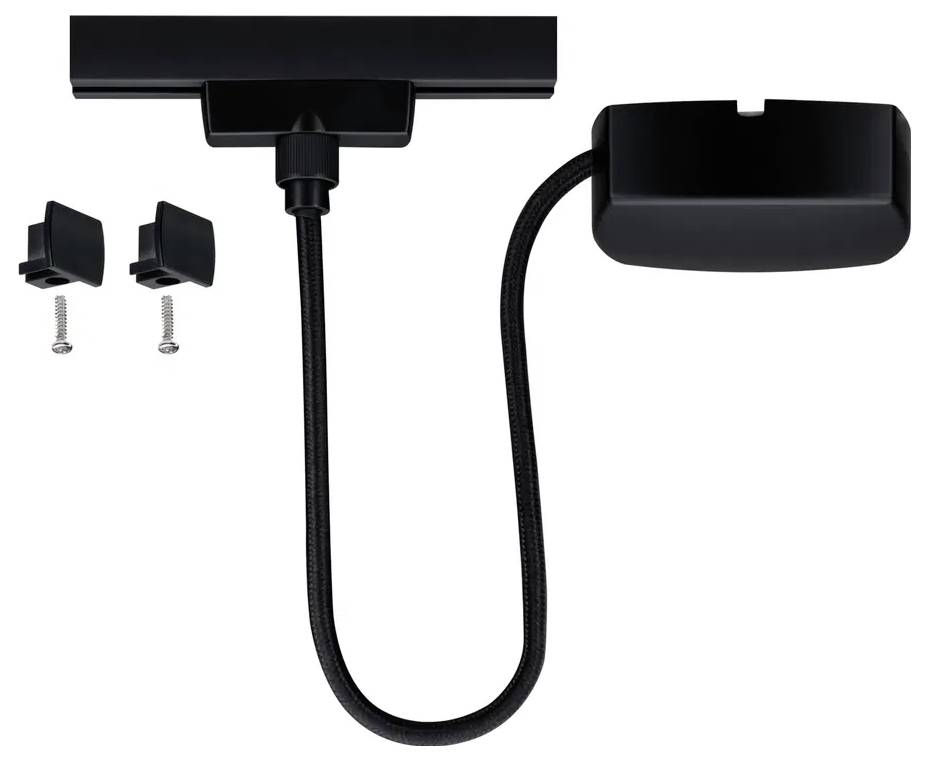Gerätehalterung in Schwarz mit flexibler Halterung und Montagematerial, bestehend aus Schrauben und kleinen Befestigungsklemmen.