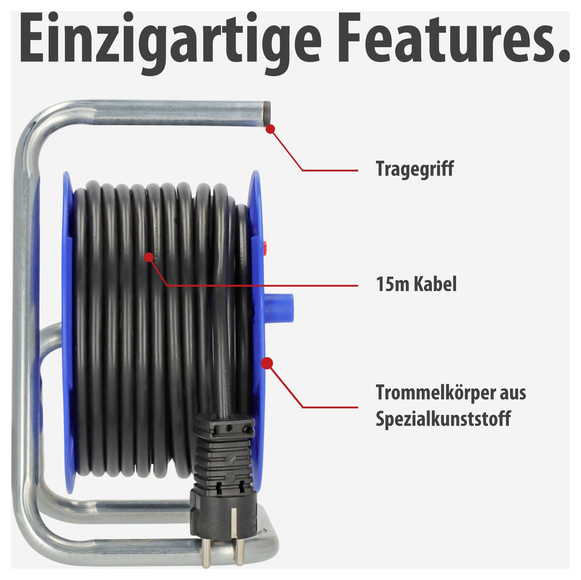 Illustration einer Kabeltrommel mit 'Einzigartige Features': Tragegriff, 15 m Kabel und Trommelkörper aus Spezialkunststoff.