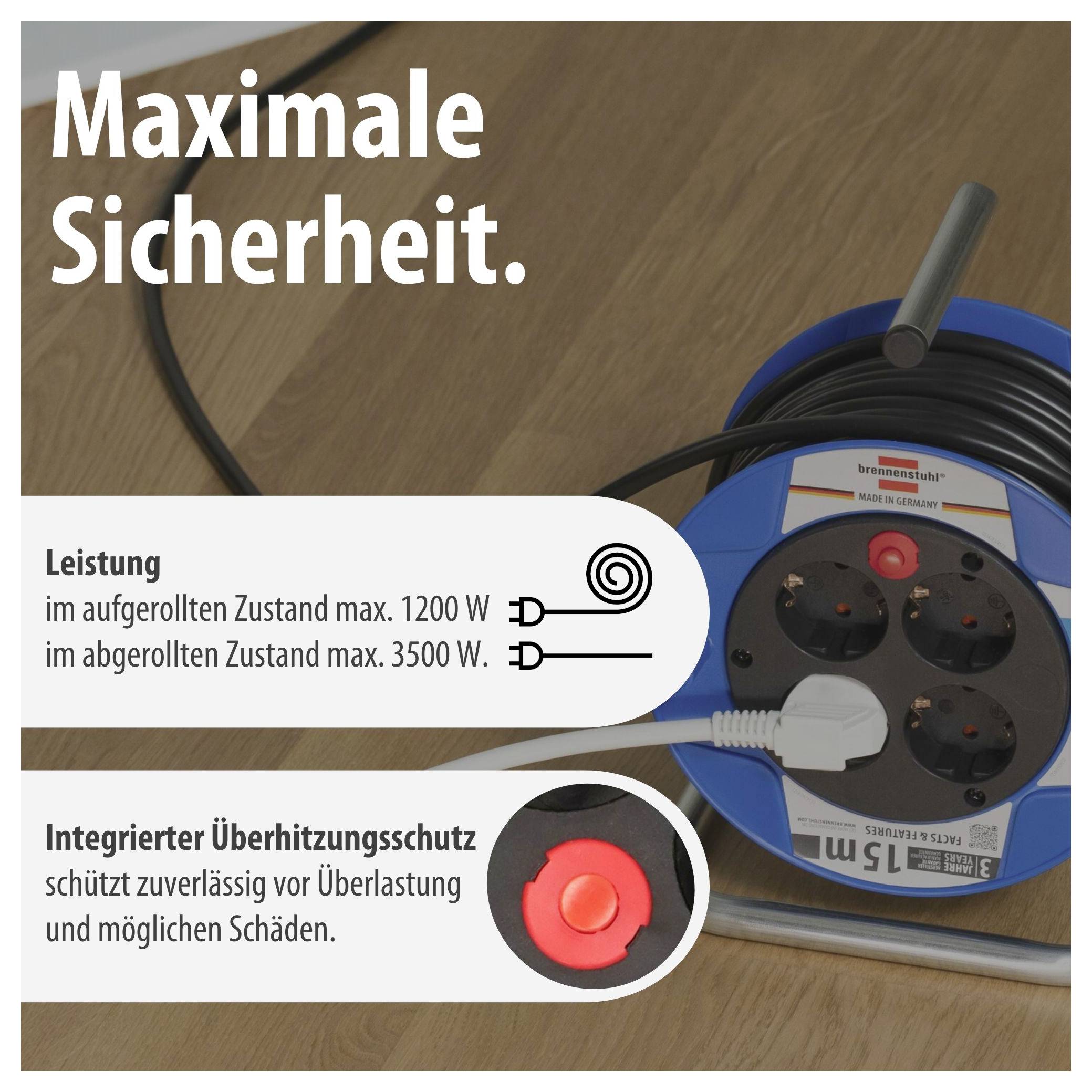 Werbegrafik für eine Kabeltrommel: maximale Sicherheit, Leistung 1200 W ausgerollt und 3500 W aufgerollt, integrierter Überhitzungsschutz.