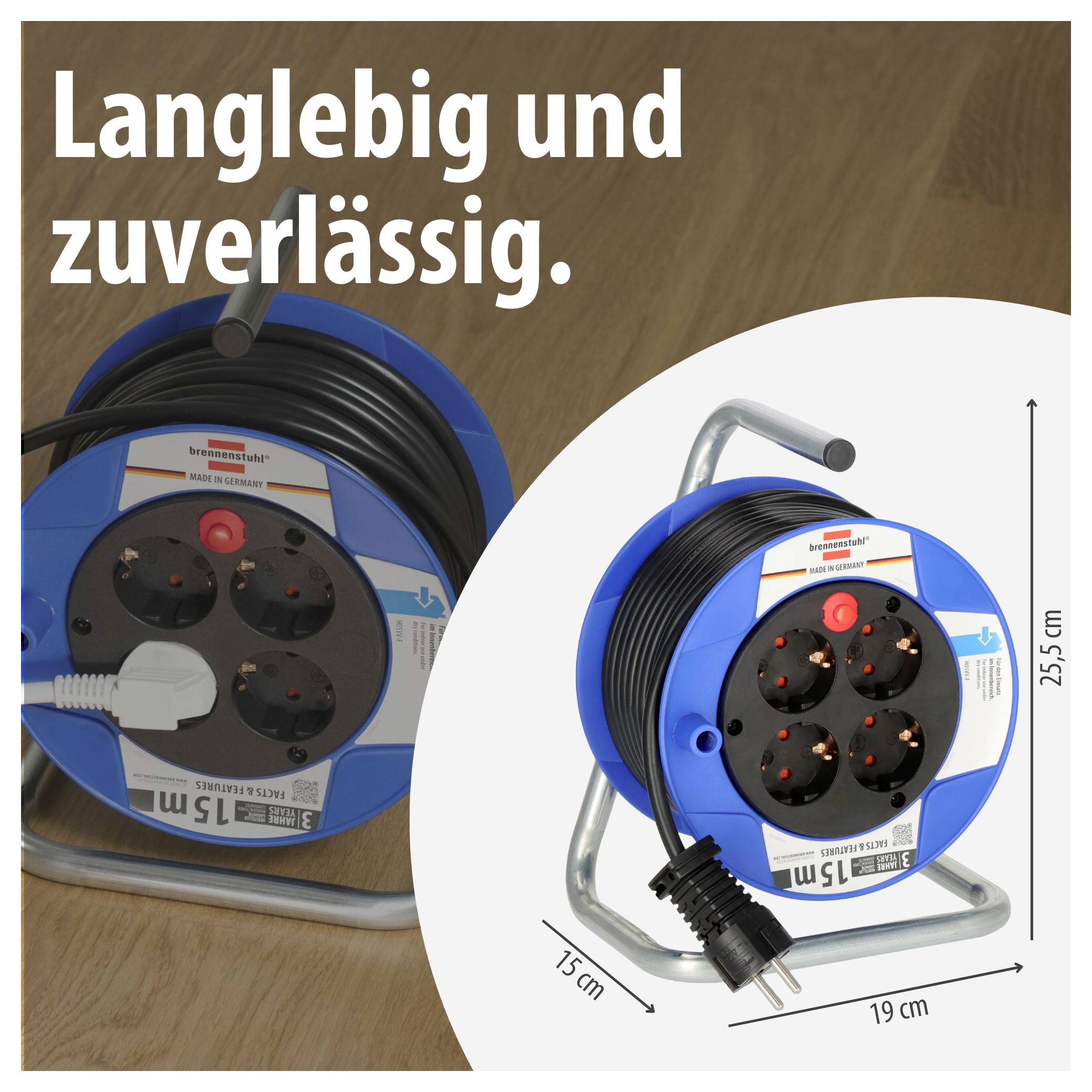 Produktfoto einer blauen Kabeltrommel mit Steckdosen; Text 'Langlebig und zuverlässig.' sowie Maße 15, 19 und 25,5 cm angezeigt.