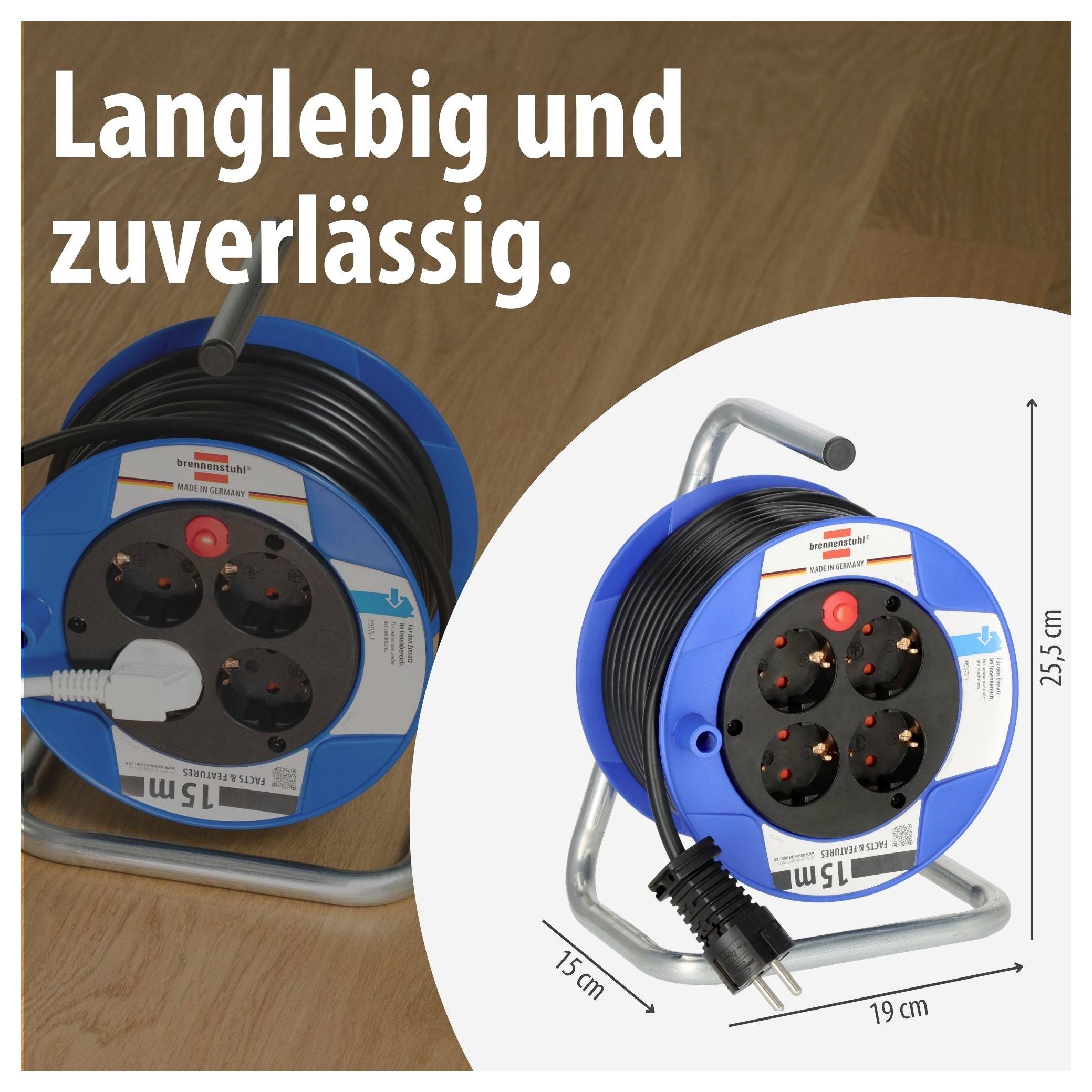 Werbeabbildung einer blauen Kabeltrommel mit Steckdosen; Text 'Langlebig und zuverlässig.' sowie Maßangaben 15 cm, 19 cm und 25,5 cm.