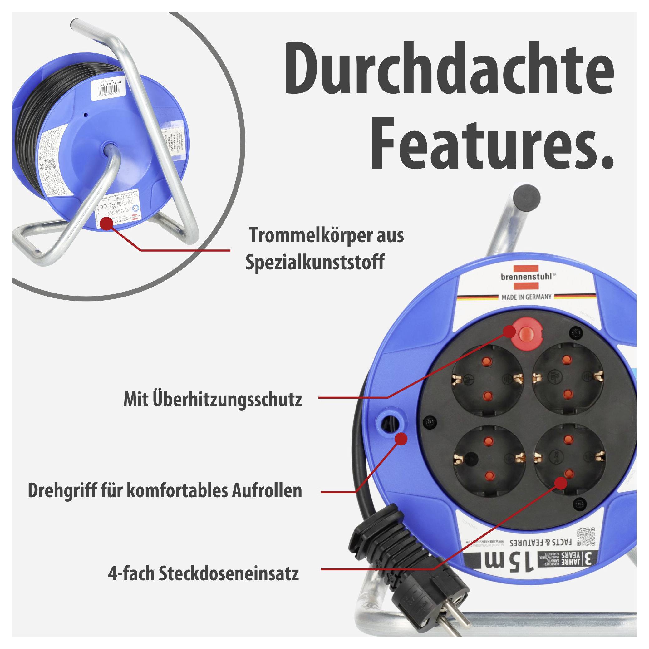 Werbegrafik einer Kabeltrommel mit der Überschrift 'Durchdachte Features.'; markiert sind Trommelkörper aus Spezialkunststoff, Überhitzungsschutz, Drehgriff und 4-facher Steckdoseneinsatz.
