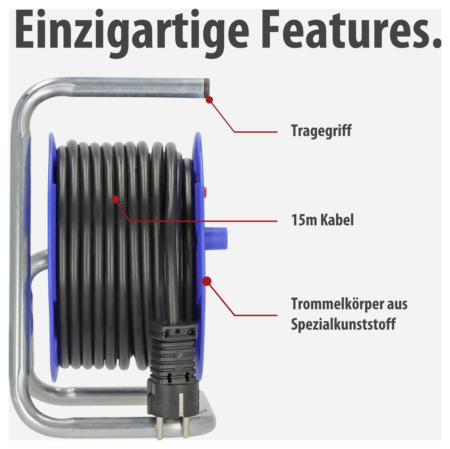Kabeltrommel mit Metall-Tragegriff, 15 m Kabel und Trommelkörper aus Spezialkunststoff; Überschrift 'Einzigartige Features.'