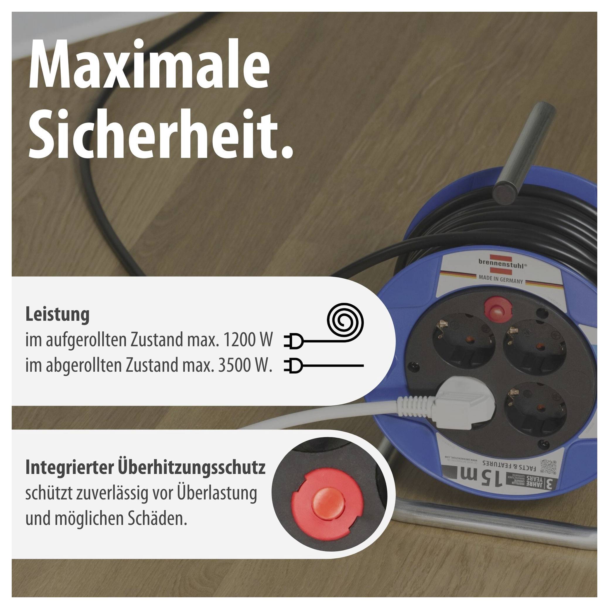 Werbeabbildung einer Kabeltrommel mit dem Text 'Maximale Sicherheit'. Hervorgehoben werden Leistung: 1200 W aufgerollt, 3500 W abgerollt, sowie integrierter Überhitzungsschutz.