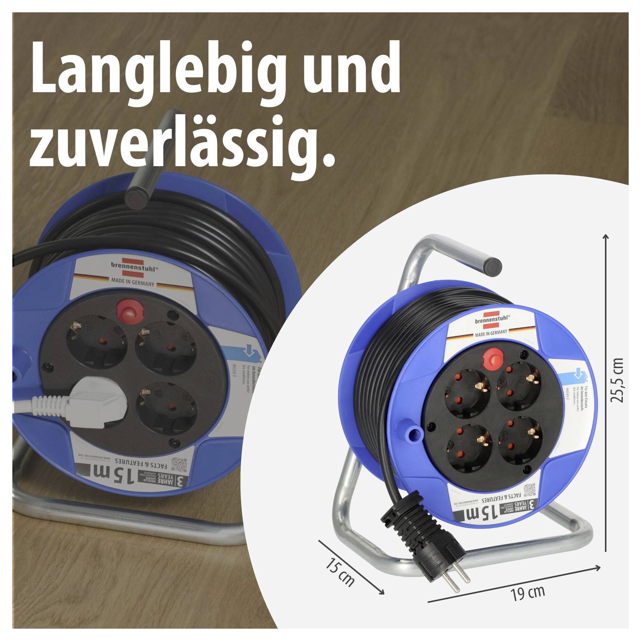Werbeabbildung einer blauen Kabeltrommel mit Steckdosen; Text 'Langlebig und zuverlässig.' sowie Maße 25,5 cm, 19 cm und 15 cm.