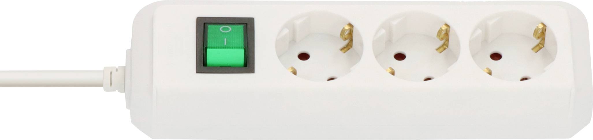 Weiße Steckdosenleiste mit grünem Ein-/Ausschalter und drei runden Steckdosen, dargestellt mit dem eingesteckten Kabel auf der linken Seite.
