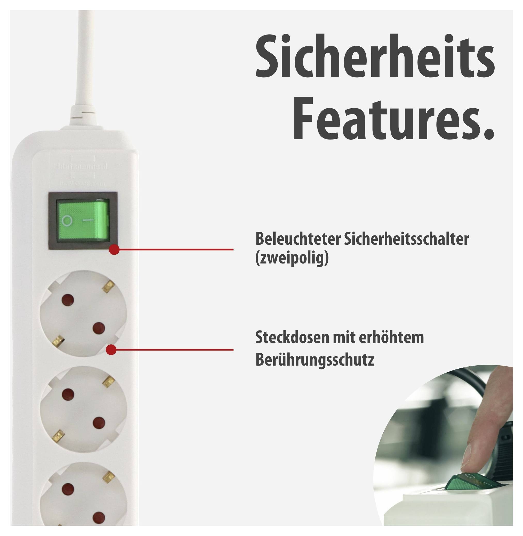 Werbegrafik einer Steckdosenleiste mit beleuchtetem Sicherheitsschalter und Steckdosen mit erhöhtem Berührungsschutz; der Schalter wird gezeigt.