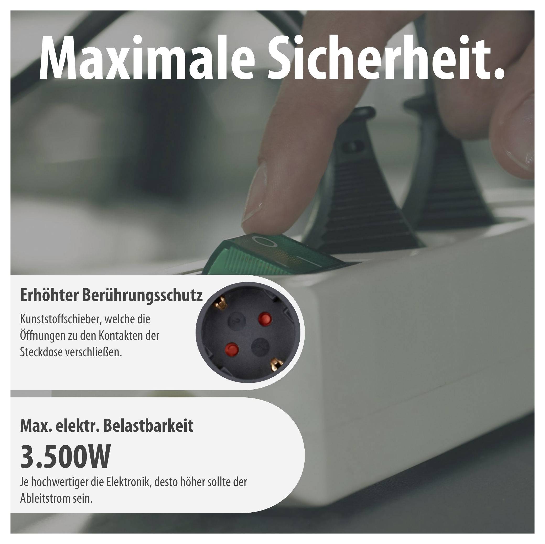 Werbung für eine Steckdosenleiste: Finger schaltet einen grünen Schalter, Text nennt 'Maximale Sicherheit', erhöhten Berührungsschutz und 3.500W Belastbarkeit.