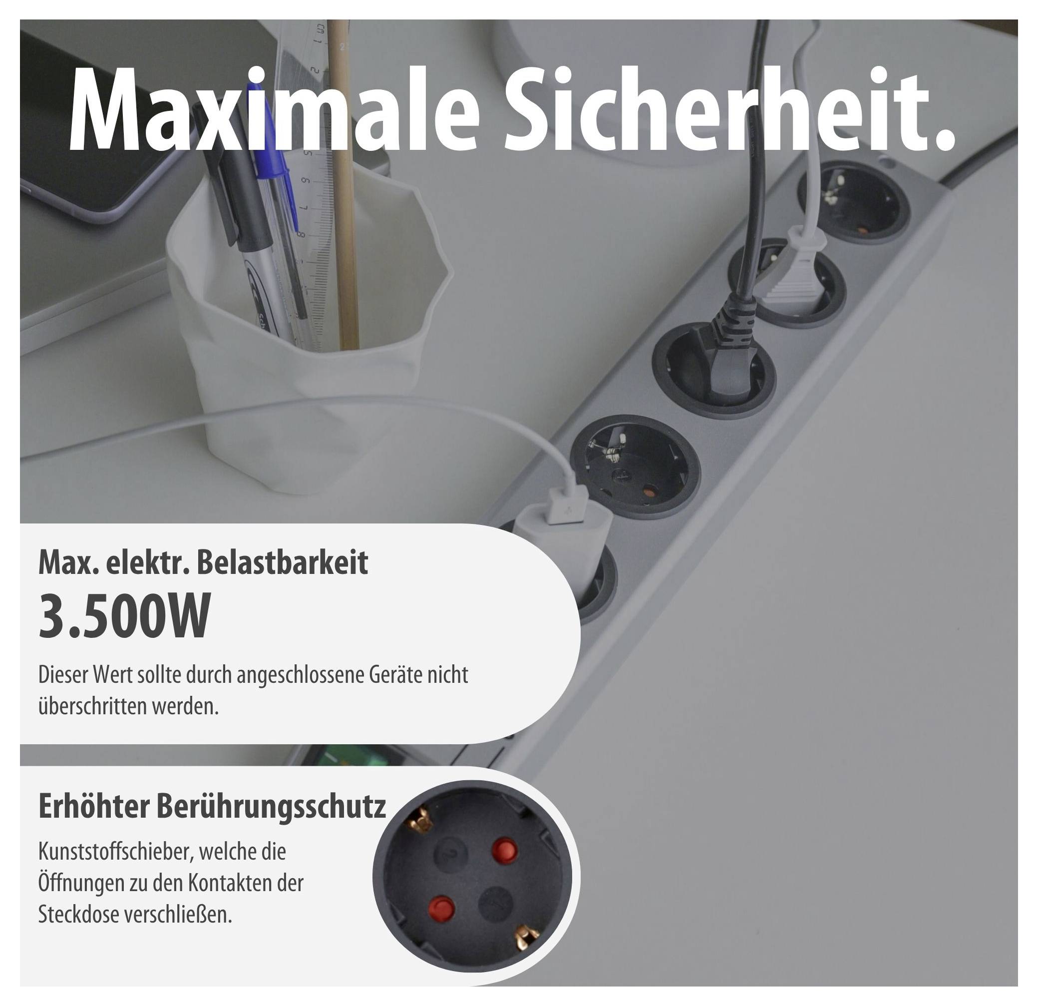 Werbebild einer Steckdosenleiste mit Text 'Maximale Sicherheit', maximaler elektrischer Belastbarkeit 3.500 W und erhöhtem Berührungsschutz durch Kunststoffschieber.