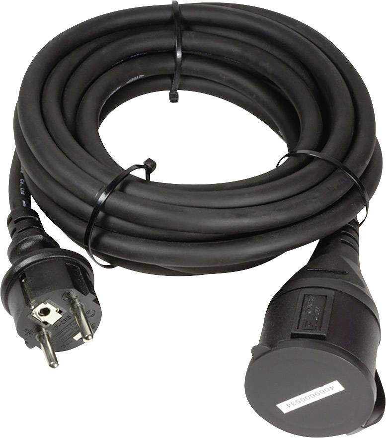 Schwarzes Verlängerungskabel mit Schukostecker und Kupplung, aufgerollt und mit zwei Kabelbindern fixiert.