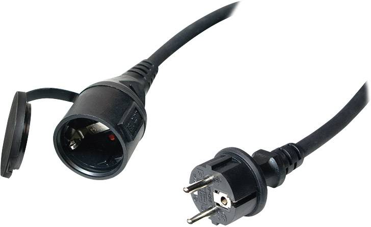 Schwarzes Stromverlängerungskabel mit Schutzkontaktstecker und Kupplung, geeignet für den Außenbereich.
