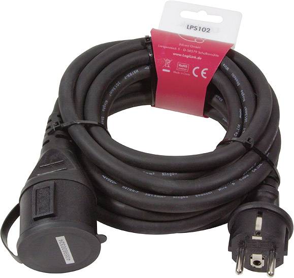 Ein schwarzes Verlängerungskabel mit rotem Aufkleber zeigt die Marke 'LPS102' an, geeignet für eine Netzspannung von 16 A, 250 V.