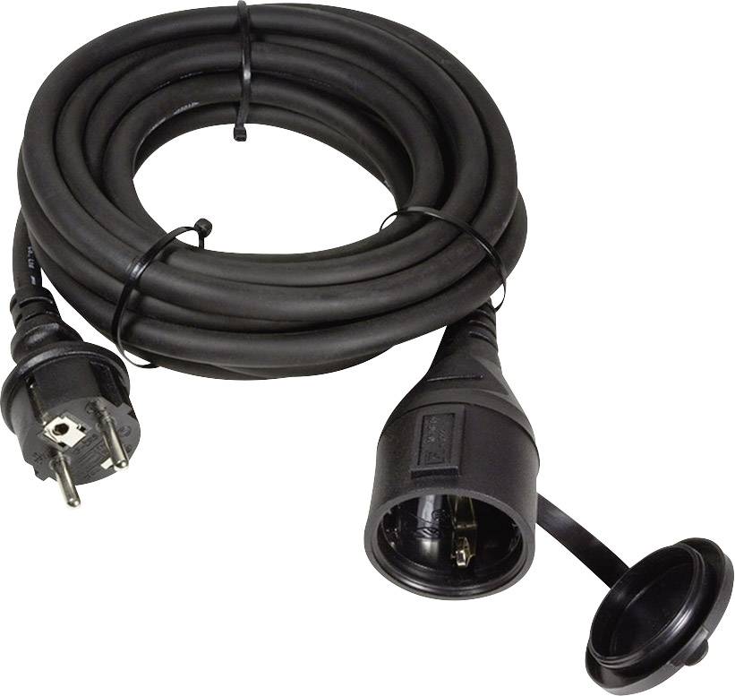 Ein langes schwarzes Verlängerungskabel mit Schuko-Stecker und Kupplung, aufgerollt und mit einem Schutzdeckel für den Anschluss.