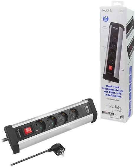 LogiLink LPS236U Steckdosenleiste mit Schalter Schwarz, Silber Schutzkontakt