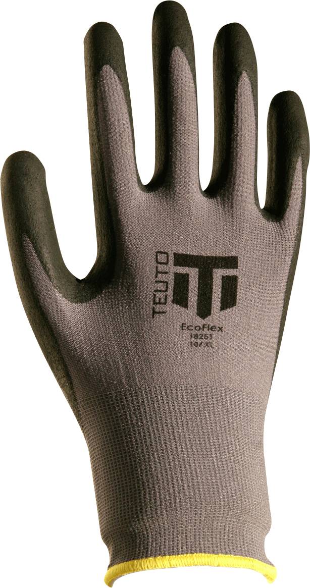 Ein grauer Arbeitshandschuh mit schwarzen Fingerspitzen und einem gelben Bündchen, gekennzeichnet mit 'TEUTO Ecoflex 10/XL'. Ideal für Griffsicherheit und Flexibilität.