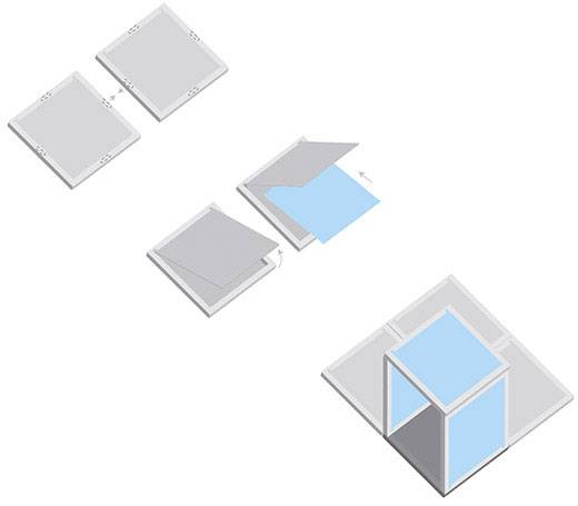 Diagramm eines Faltprozesses: Zeigt, wie vier quadratische Segmente gefaltet werden, um eine offene quadratische Struktur zu bilden.