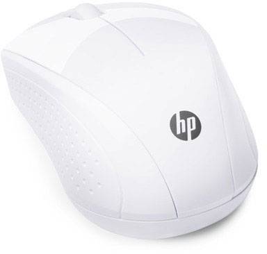 Weiße kabellose Computermaus mit ergonomischem Design und HP-Logo, geeignet für den Einsatz bei Computern oder Laptops.