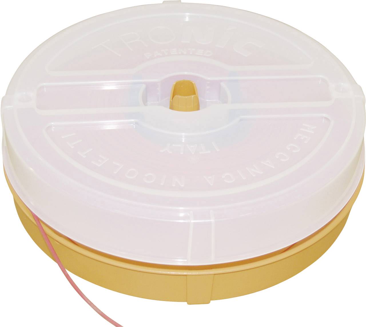 Eine runde, orangefarbene Kunststoffspule mit durchsichtigem Deckel. Sie enthält rotes Kabel oder Faden, teilweise sichtbar.