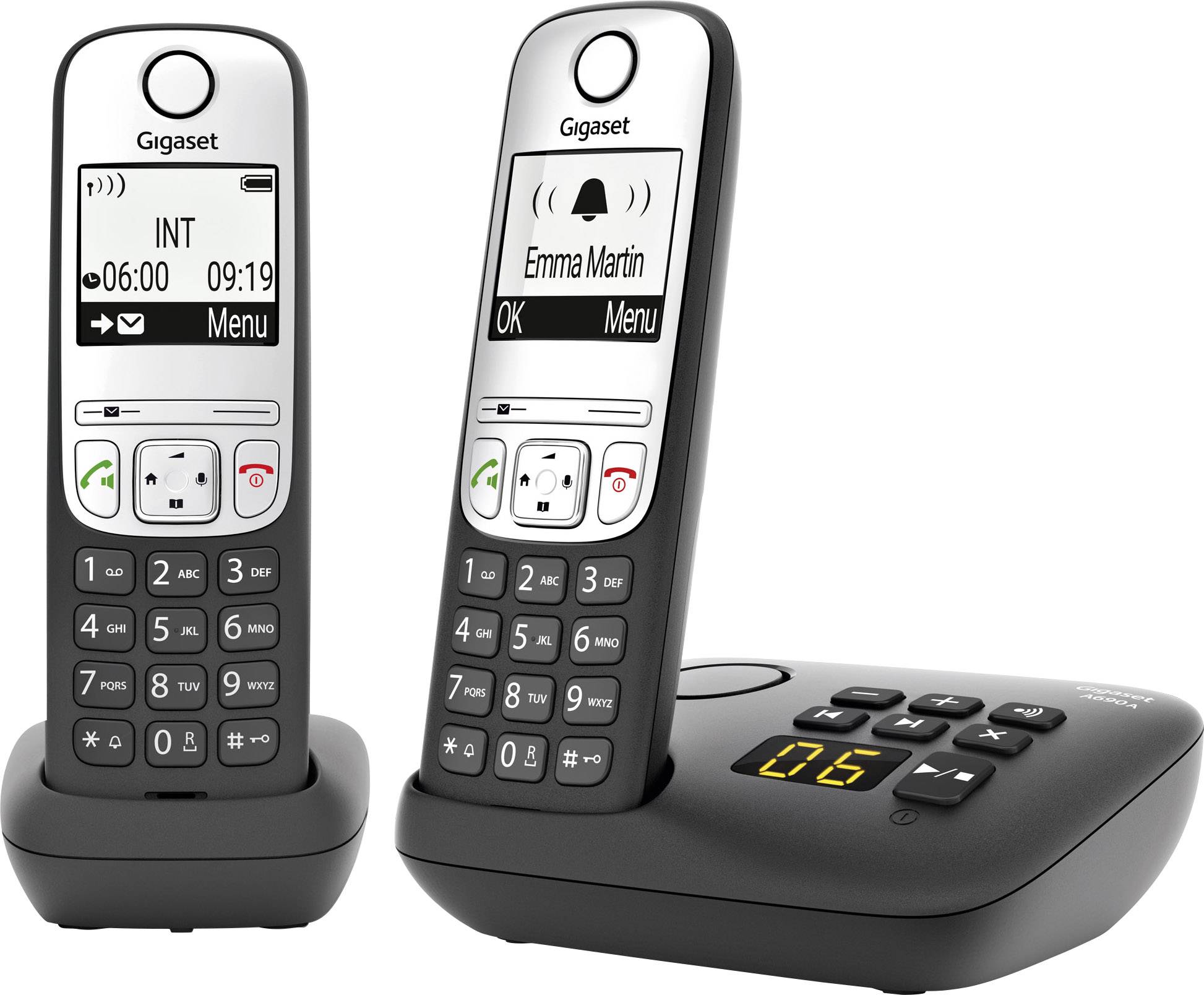 Gigaset A690A Duo DECT Schnurloses Telefon analog Freisprechen, mit Basis, Wahlwiederholung Schwarz