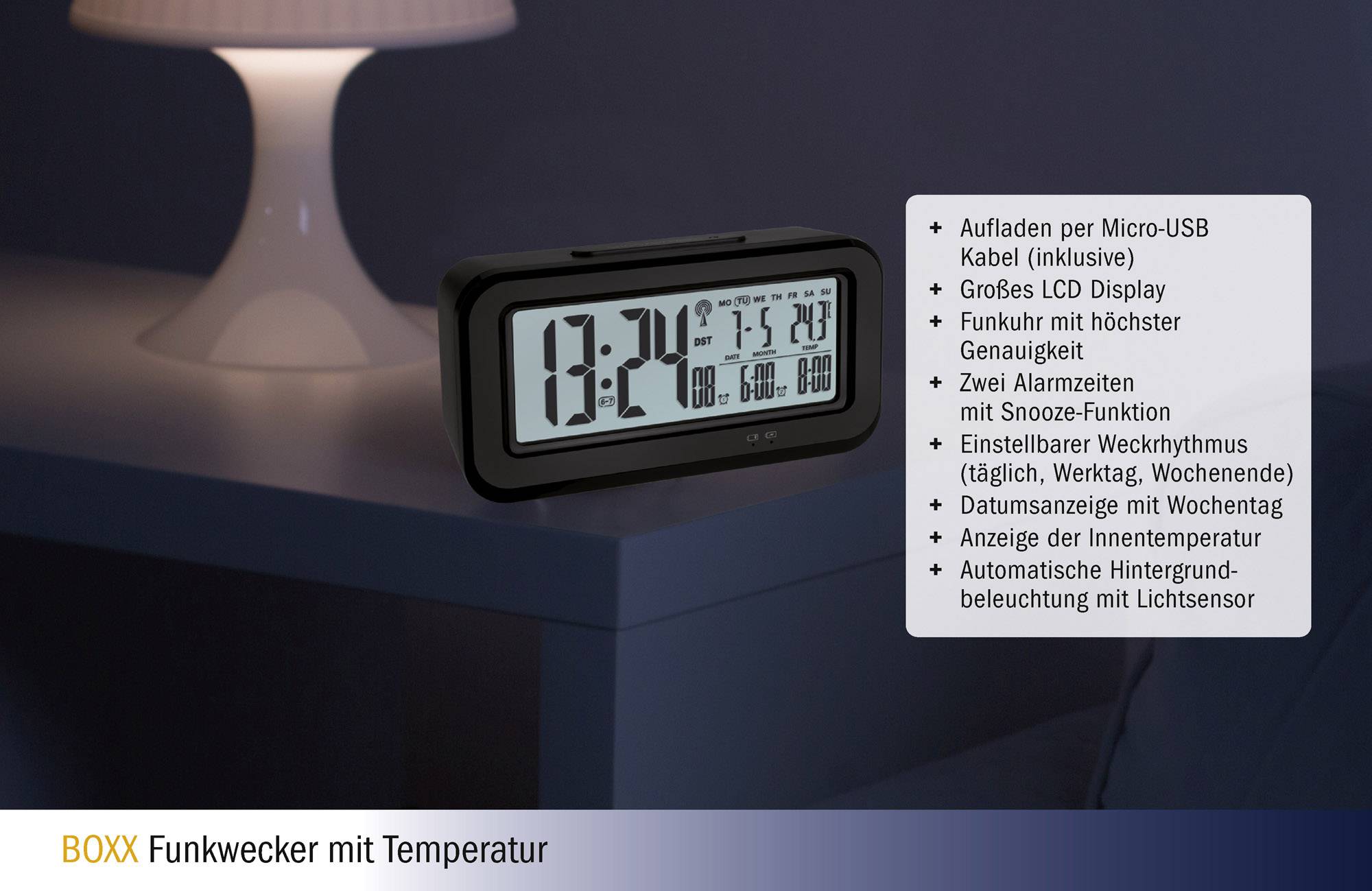 TFA Dostmann 60.2554.01 Funk Wecker Schwarz Alarmzeiten 2 Großes Display
