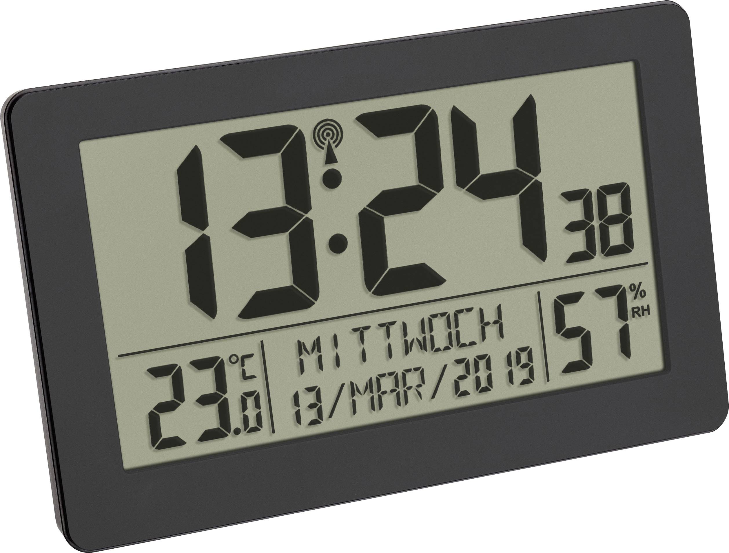 Digitale Uhr zeigt '13:24' an, darunter Datum '13/Mar/2019', Temperatur '23°C' und Luftfeuchtigkeit '57%' auf LCD-Bildschirm.