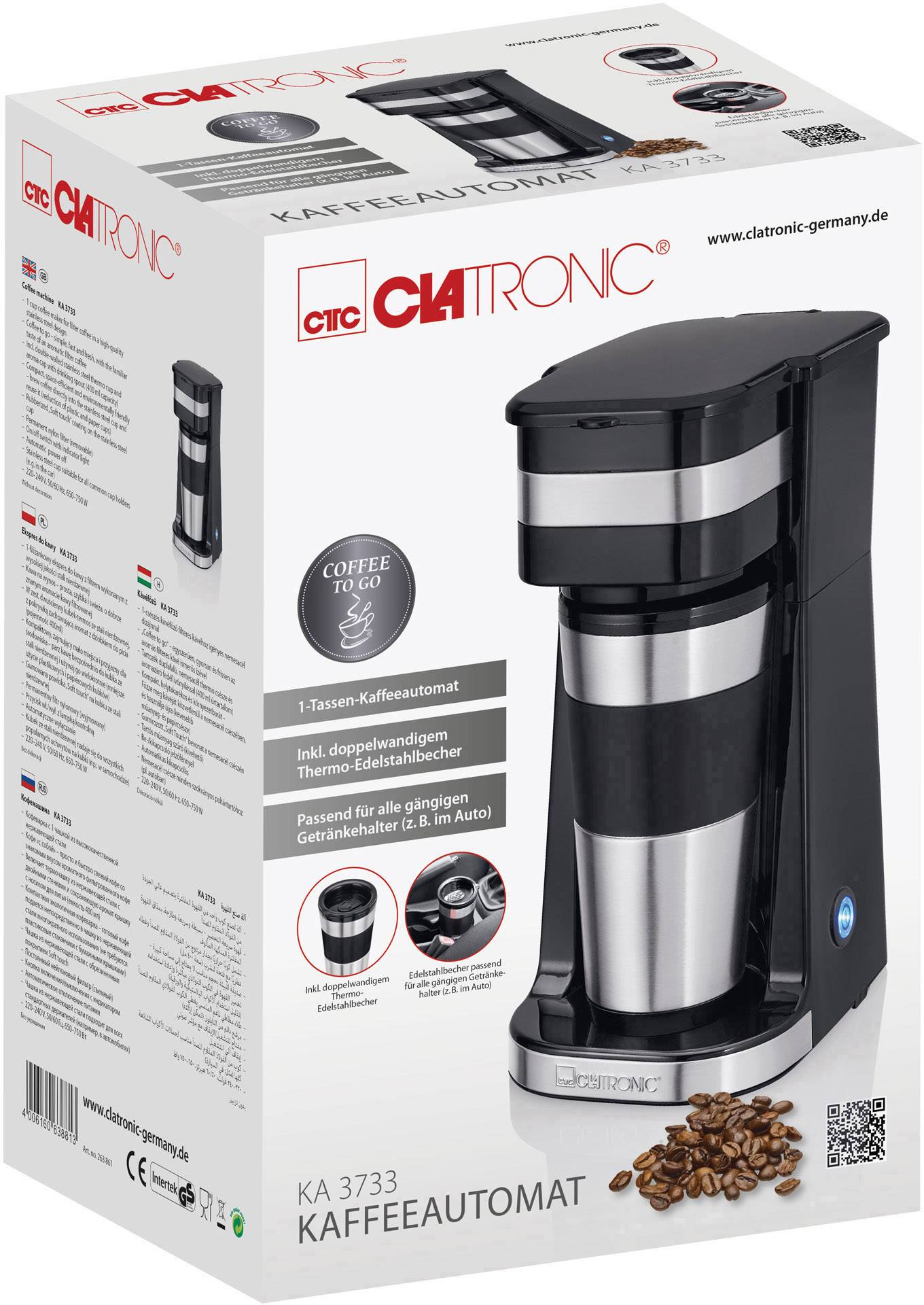 Clatronic KA 3733 Kaffeemaschine Edelstahl, Schwarz Fassungsvermögen Tassen=1