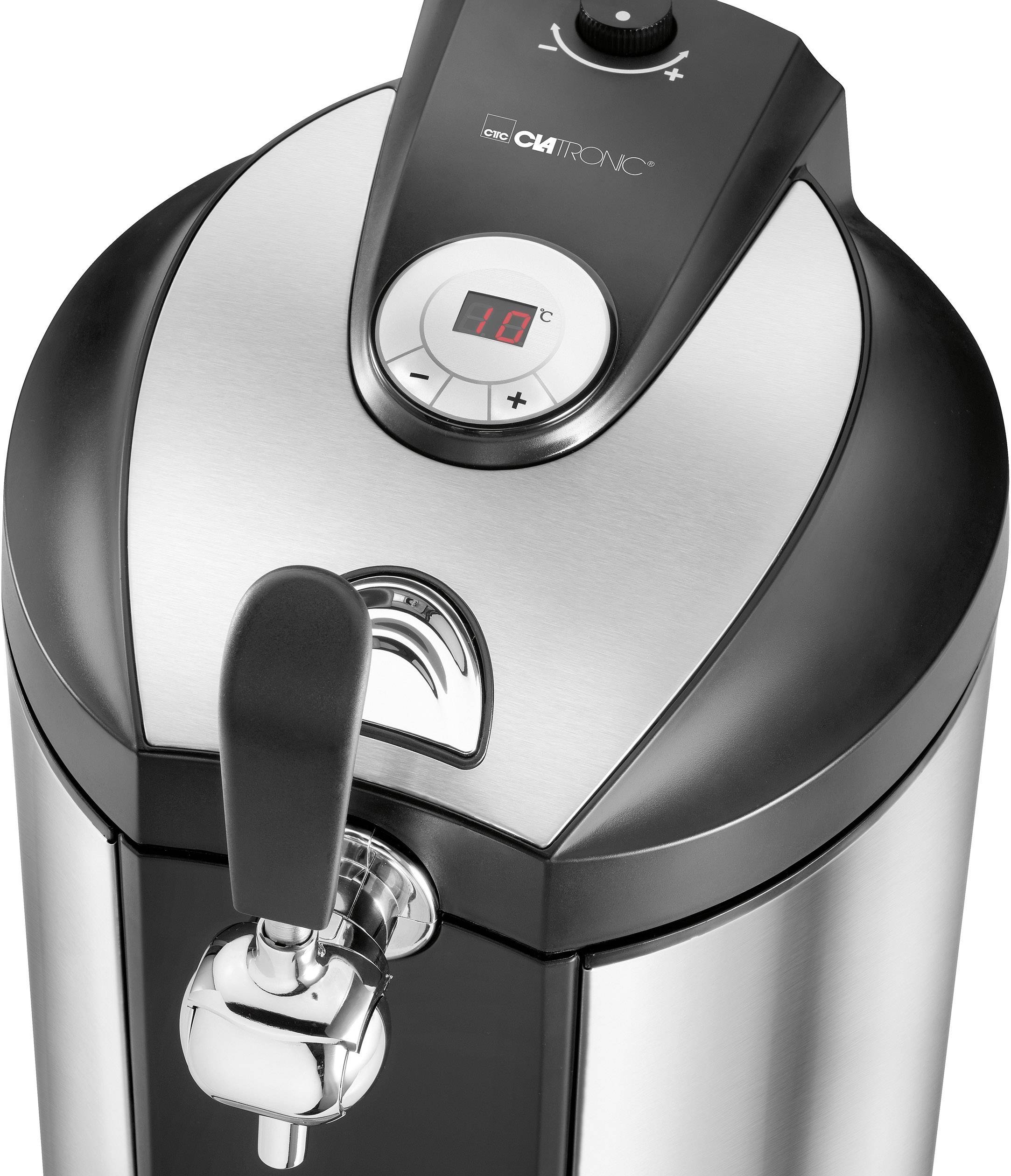 Ein silberfarbener elektrischer Wasserkocher mit schwarzem Griff und digitaler Temperaturanzeige auf 10 Grad eingestellt.