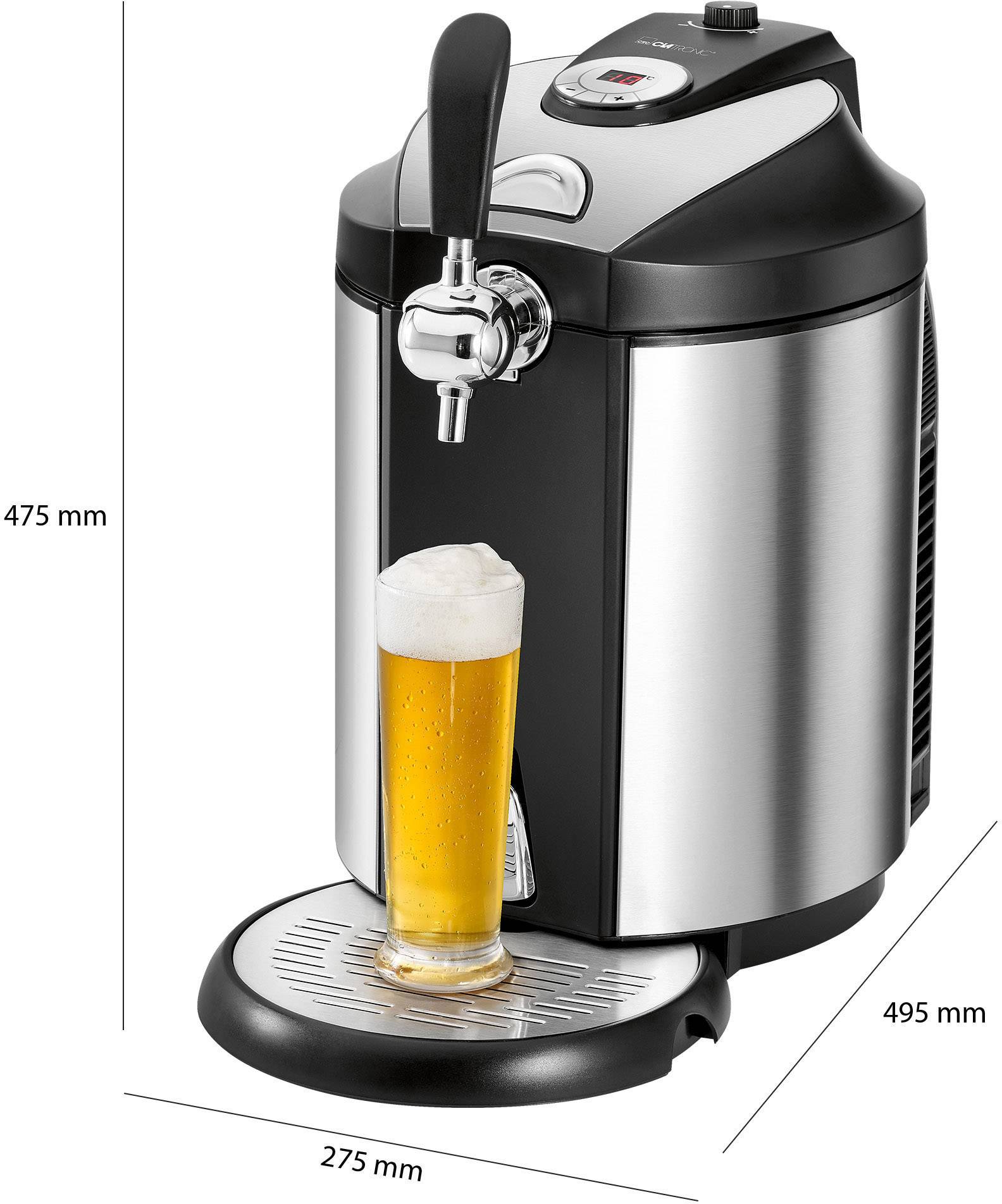Zapfanlage mit Edelstahl-Optik, gefüllt mit einem Glas Bier. Gerät hat Abmessungen: 475 mm hoch, 495 mm tief, 275 mm breit.