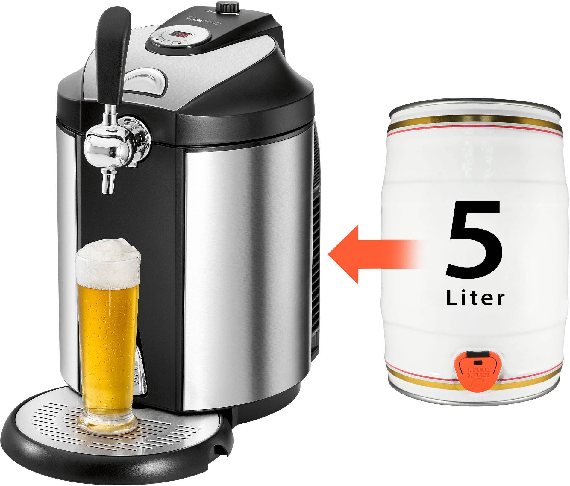 Bierzapfanlage mit vollem Glas Bier und einem 5-Liter-Fass, betont die Kapazität.