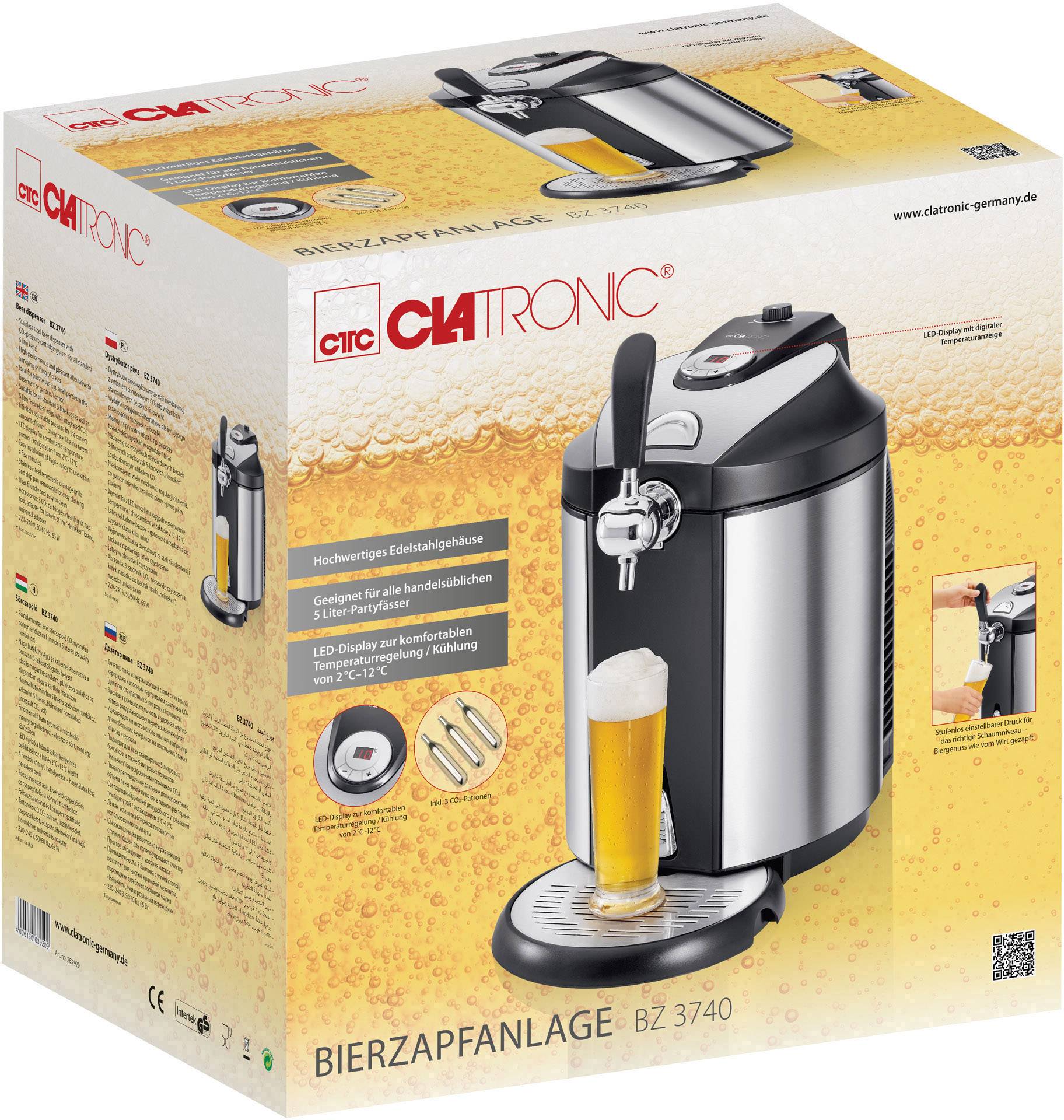 Bierzapfanlage mit Edelstahlgehäuse auf Verpackung. Produktbild zeigt Gerät mit gezapftem Bierglas. Marke: Clatronic.