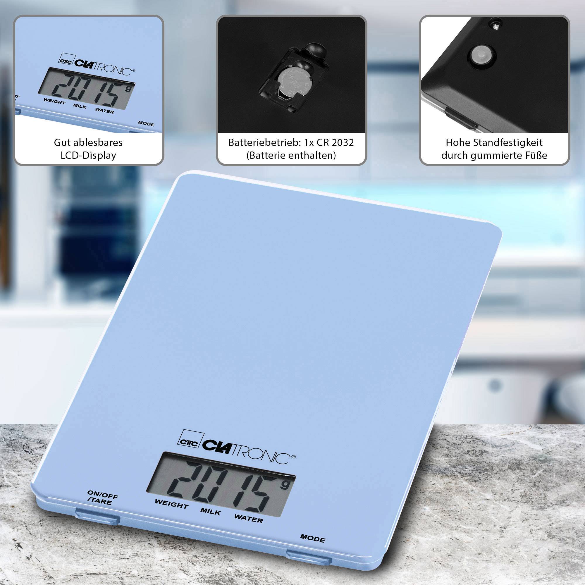 Elektronische Küchenwaage von Clatronic mit gut ablesbarem LCD-Display, Batteriebetrieb, hohe Standfestigkeit durch gummierte Füße.