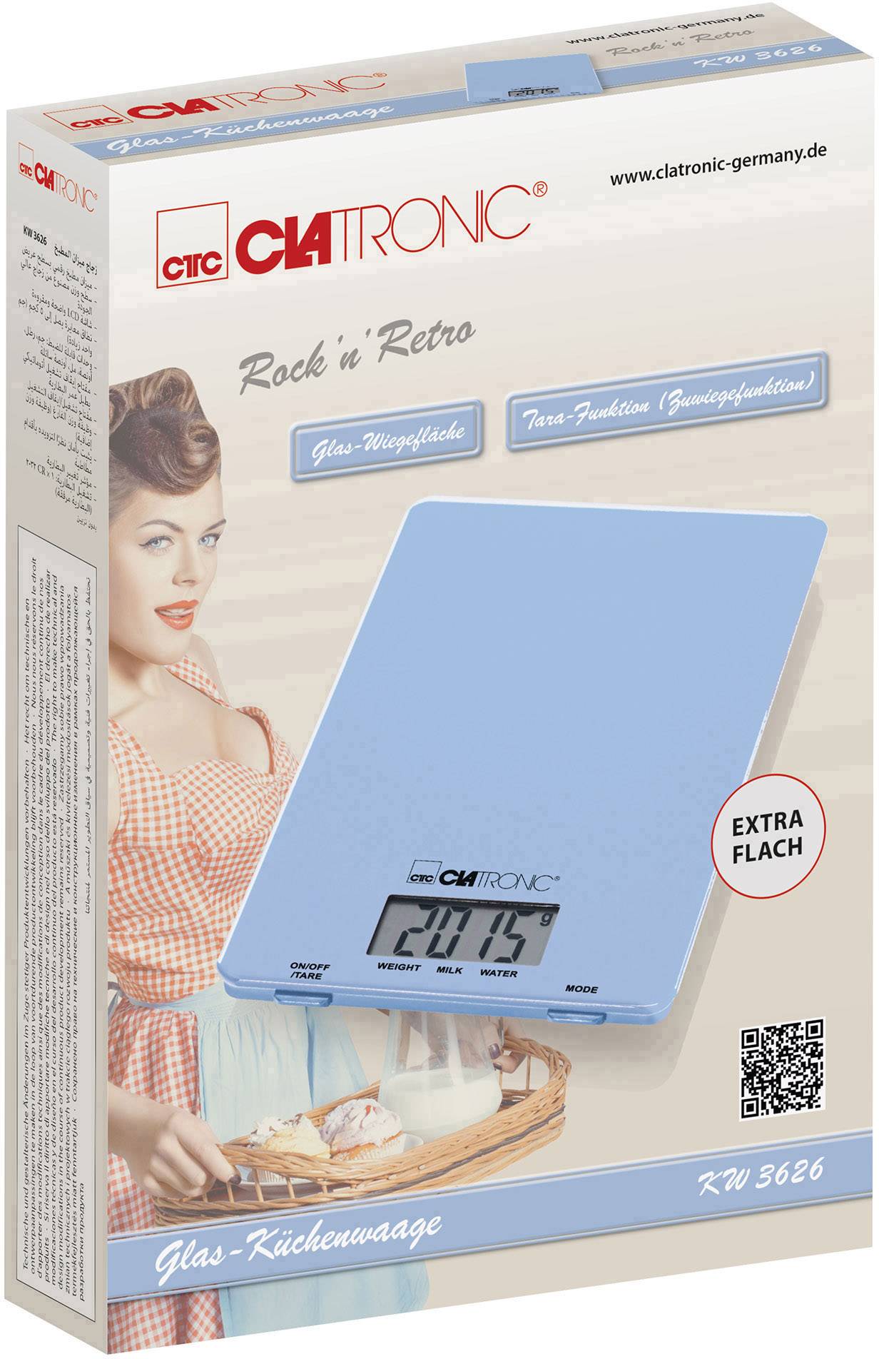 'Clatronic Glas-Küchenwaage RW 3626' Verpackung zeigt eine Frau im Retro-Stil mit der Waage in blau. Merkmale: Glas-Hygienefläche, Tara-Funktion.