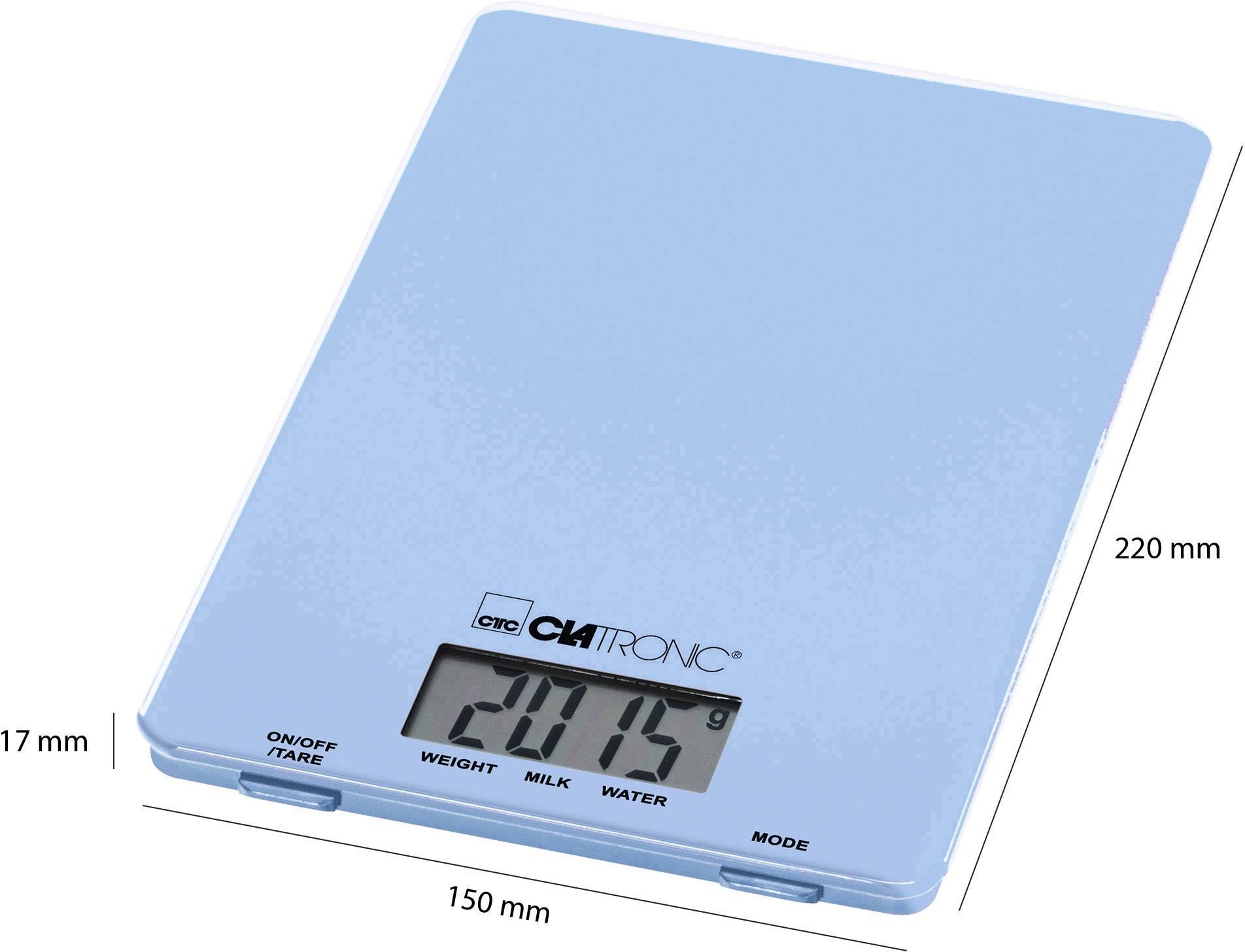 Blaue Küchenwaage mit digitaler Anzeige zeigt '2015 g'. Maße: 220 mm x 150 mm x 17 mm. Funktionen: On/Off, Tare, Mode.
