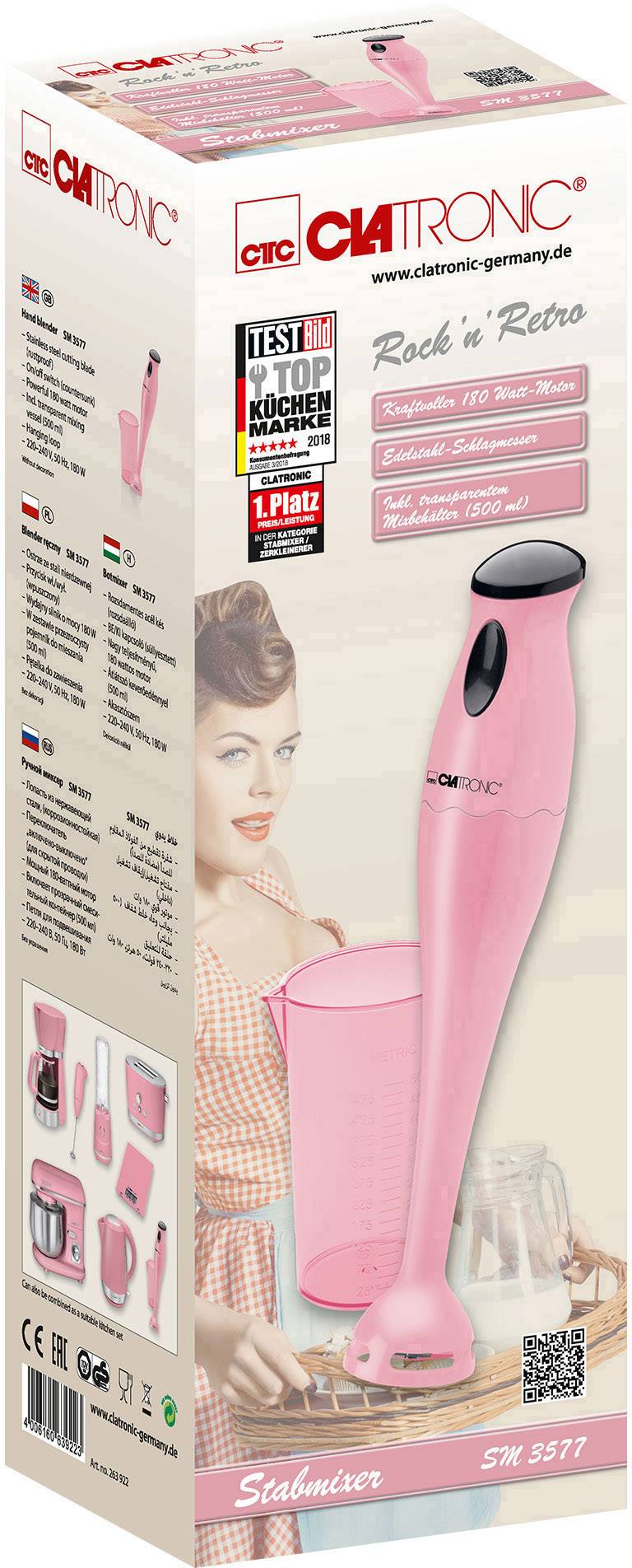 Clatronic SM 3577 Stabmixer 180 W mit Mixbecher Pink
