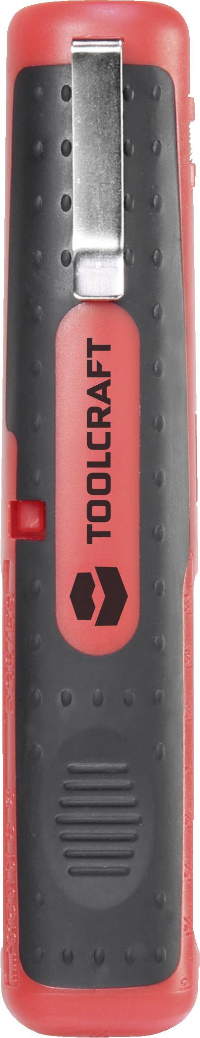 Rotes und schwarzes Gerät mit der Aufschrift 'TOOLCRAFT', offenbar ein Werkzeug mit ergonomischem Design und Clip.