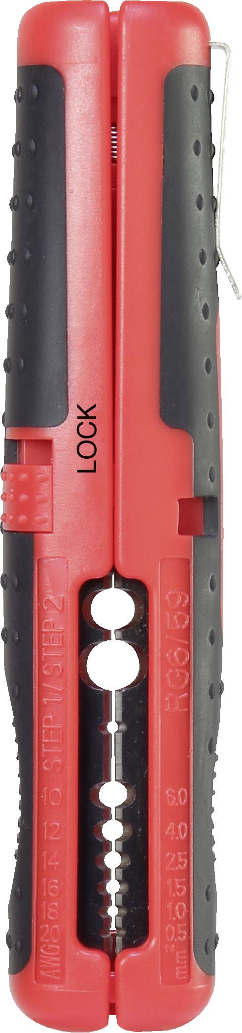 Ein roter Drahtschneider mit schwarzem Griff in verriegelter Position. Text 'LOCK' auf der Vorderseite.