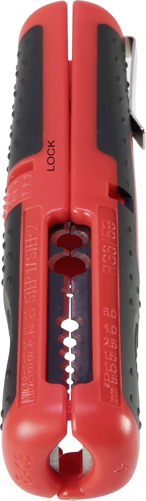 Rote und schwarze Kabelabisolierzange mit einem Verschlussmechanismus und verschiedenen Drahtgrößenmarkierungen auf der Klinge.