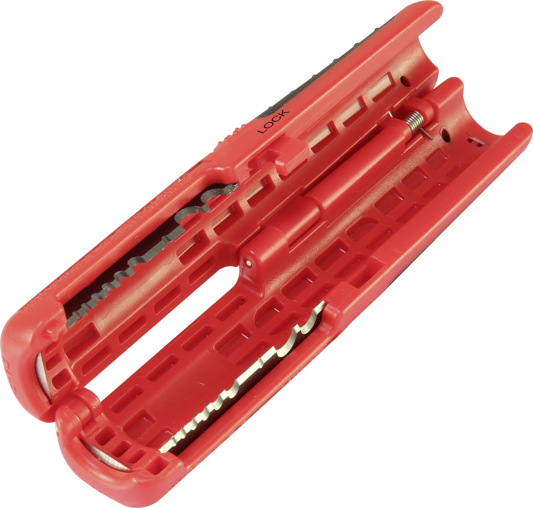 Rotes Schneidwerkzeug mit Sicherheitsverriegelung, geöffnet, zeigt die Klingen und den Mechanismus zur Drahtbearbeitung.