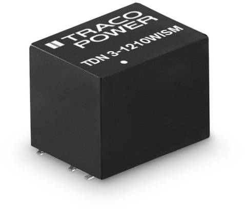 Der Würfel zeigt einen elektronischen Transformator von Traco Power mit der Aufschrift 'TDN 3-1210WISM', schwarz mit Anschlüssen unten.