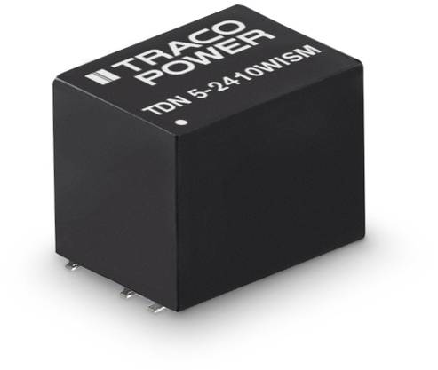 Schwarzer TRACO POWER Spannungswandler-Modul, Modell 'TDN 5-2410WISM', mit metallischen Anschlüssen an der Unterseite.