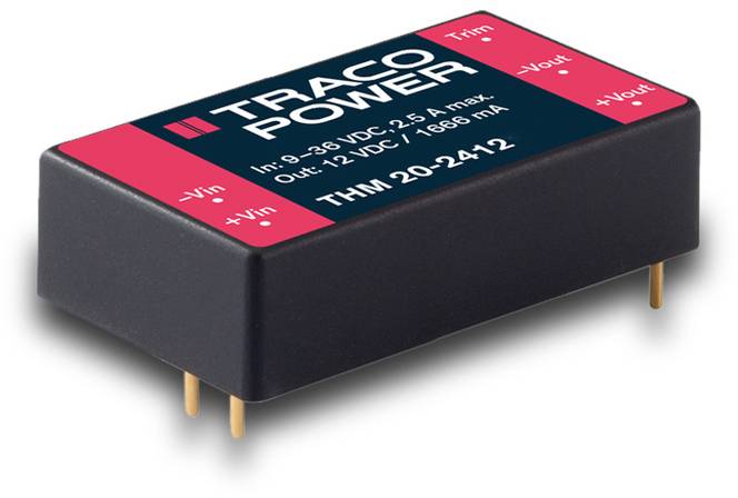 'TRACO POWER' Spannungswandler, Modell THM 20-2412, Eingabe 9-36 VDC, 2,5 A max; Ausgabe 12 VDC, 1666 mA.