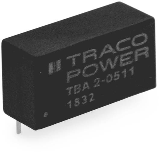 Rechteckiges elektronisches Bauteil (TBA 2-0511) mit der Aufschrift 'TRACO POWER 1832', zwei Stifte zur Befestigung sichtbar.