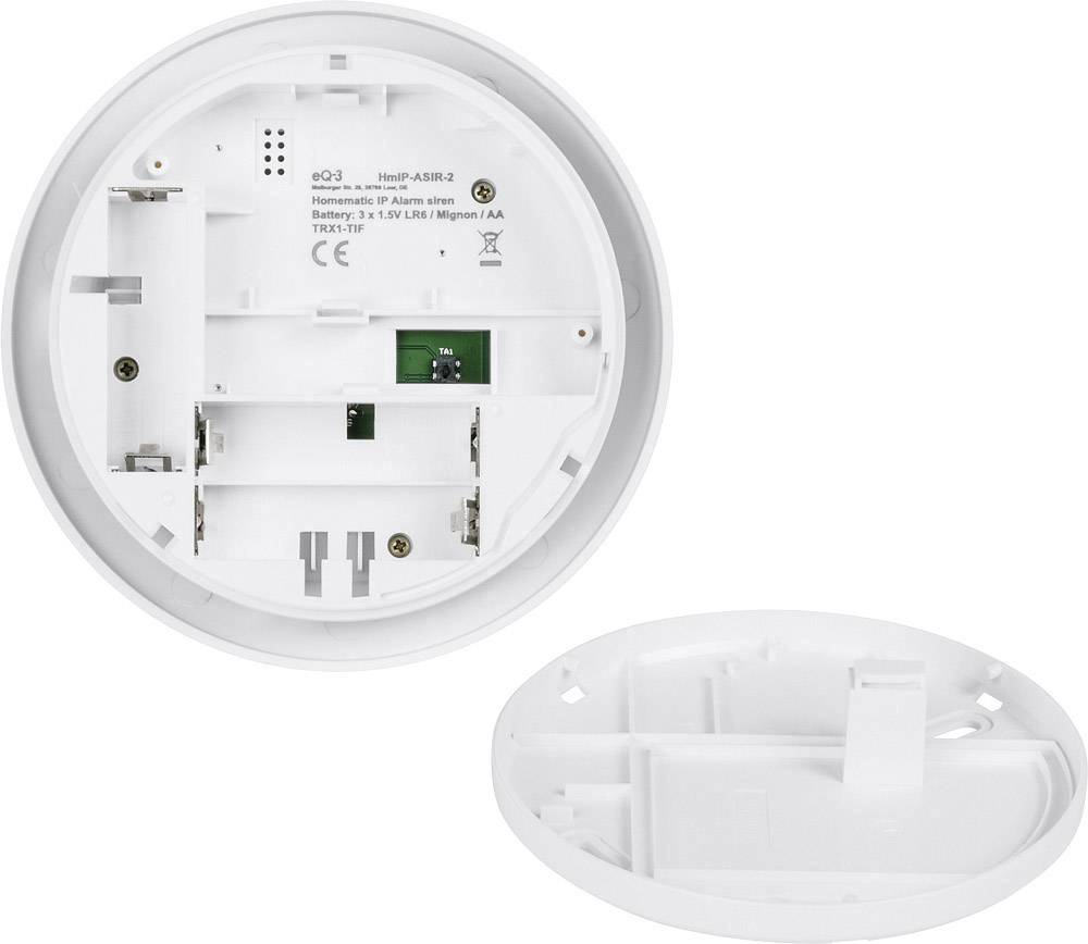 Zwei weiße, runde Gerätedeckel mit offenen Batteriefächern. Oberer zeigt interne Struktur, unterer ist von der Seite zu sehen.