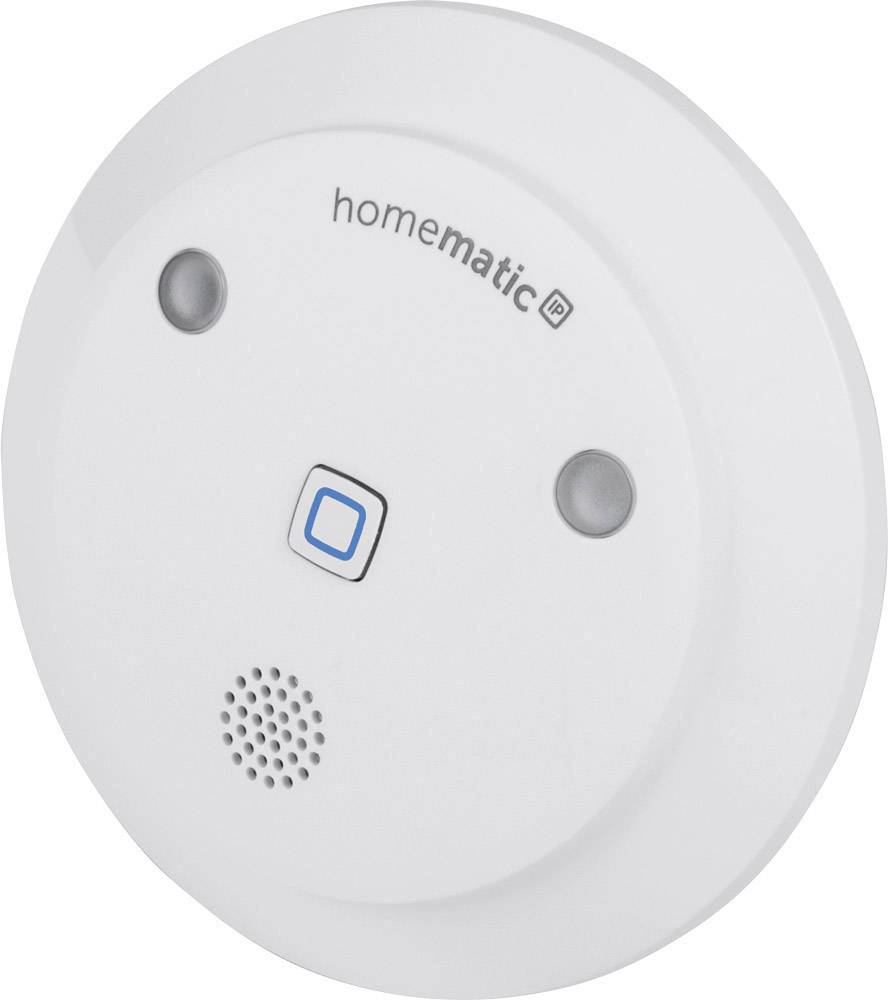 Runder, weißer Rauchmelder mit zwei Sensoren und einem zentralen blauen Knopf. Oben steht 'homematic IP'.