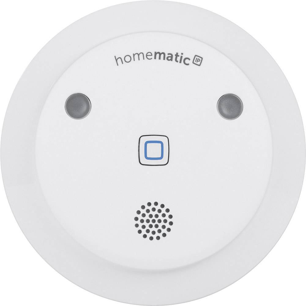 Runder Rauchmelder mit zwei Sensoren, mittigem Knopf und dem Logo 'homematic IP' auf der Vorderseite.