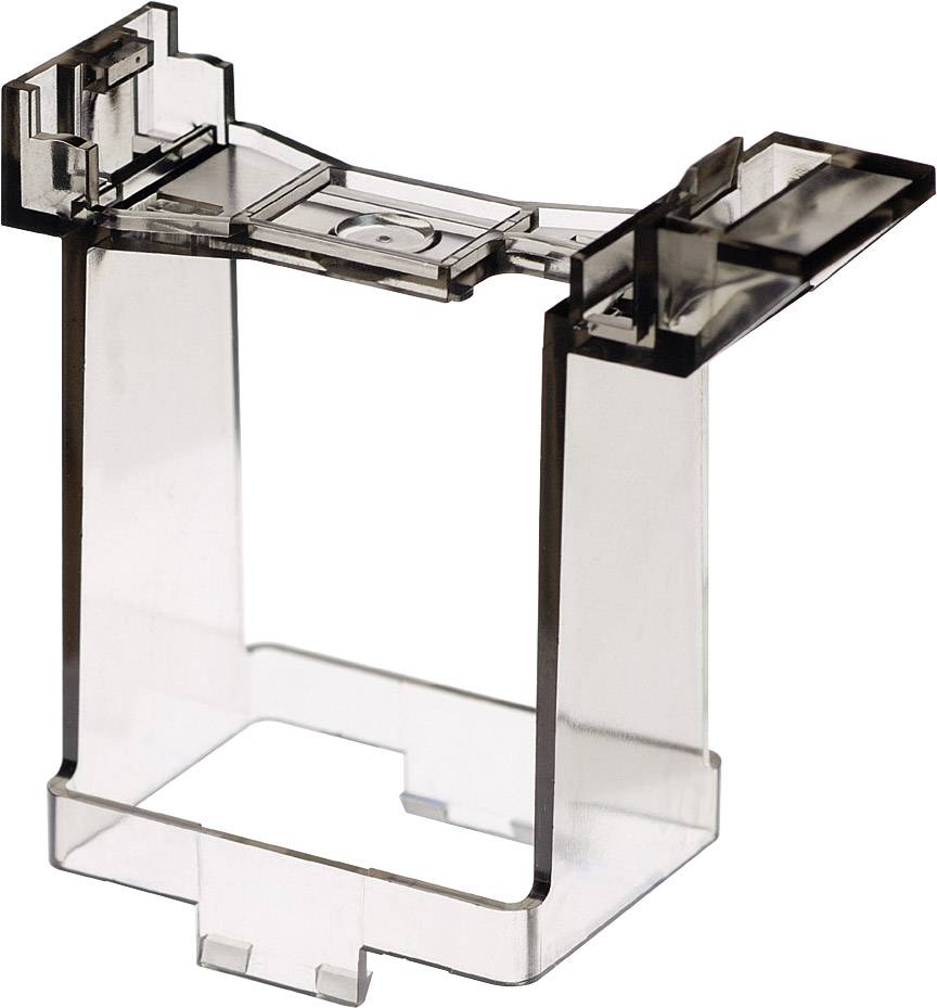 Durchsichtiger, rechteckiger Plastikhalter, der auf beiden Seiten Klappen hat. Dient vermutlich zur Aufnahme oder Fixierung eines Gegenstands.